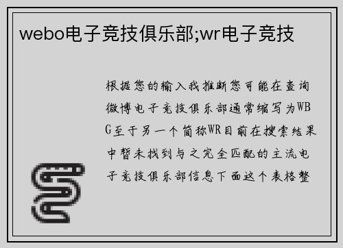 webo电子竞技俱乐部;wr电子竞技